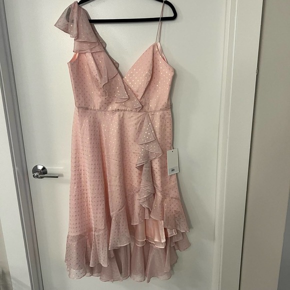 Mac Duggal Blush Ruffle Faux Wrap Cocktail Midi Dress Size 14 NWT - Picture 4 of 9